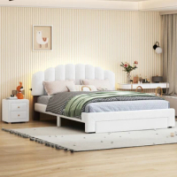 Teddy Fleece Queen Size Upholstered Platform Bed with 1 Nightstand, Smarter LED Bed Frame,with USB Ports,Beige/Gray/White