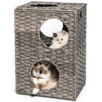 Rattan Cat Litter,Cat Bed with Rattan Ball and Cushion, Grey