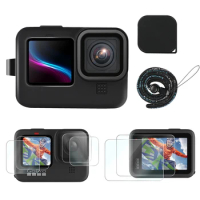 Accessories Kit for GoPro Hero 9 Action Camera Silicone Rubber Protective Case with 2 Packs Tempered Glass Screen Protector