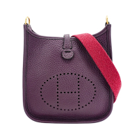 二手品 Hermes 愛馬仕 Mini Evelyne 牛皮金扣斜背包(W刻/黑醋栗紫)