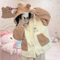 Kawaii Anime Hoodies Women Bear Print Winter 2021 Thicken Warm Hoodie Cute Splicing Long Sleeve Hooded Clothes