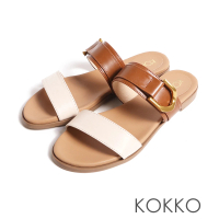 【KOKKO 集團】個性金屬飾扣雙寬帶拖鞋(棕色)