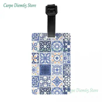 Blue Portuguese Tile Luggage Tag Portugal Azulejo Flower Travel Bag Suitcase Privacy Cover ID Label