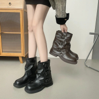 Weiwei Lady 858 1 Giày bốt ngắn đế dày kiểu nhún cho nữ, mùa thu đông 2025, bốt có khóa và dây thắt 