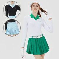 Blktee Ladies Slim Golf Short Skirt Pleated High Waist Mini Skort Women Patchwork Long Sleeve T-shirt Elastic Polo Golf Tops