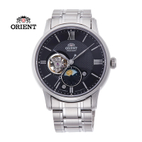 【ORIENT 東方錶】ORIENT 東方錶 SUN&amp;MOON系列 半露空日月相錶 鋼帶款 黑色 42mm(RA-AS0008B)