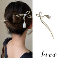 【INES】蝴蝶結髮簪 珍珠髮簪/韓國設計浪漫蝴蝶結線條優雅珍珠髮簪(金)