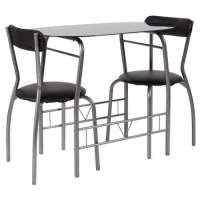 Furniture Sutton 3 Piece Space-Saver Bistro Set with Black Glass Top Table and Black Vinyl Padded Chairs
