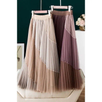 Niama Korean Rok Tutu Panjang Plisket Pleated Skirt Tulle Multicolor Rok Wanita A Line Flowy Karet P
