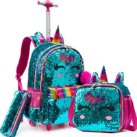 School Kids Rolling Backpack for Girls With Wheels 3 in 1 School Wheeled backpack set for girls School Trolley Bag with wheels