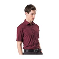 【RODBELL 羅德貝爾】暗紅色緹花短袖修身襯衫(抗皺、吸濕排汗、聚酯纖維、修身襯衫)