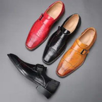 Mens Dress Shoes Pu Leather Metal Buckle Crocodile Pattern Monk Strap Men Shoes Snake Print Classic Italian Shoes A150