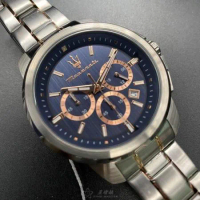 MASERATI44mm圓形銀精鋼錶殼寶藍色錶盤精鋼銀色錶帶款R8873621008