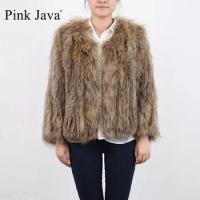 pink java QC8037 real raccoon dog fur knitted jacket coat furs for women high quality thick fur fashion wholesale