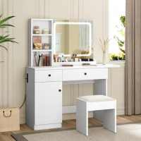 Vanity Desk with Mirror and Lights, Makeup Vanity Table Set with Storage Drawers, Cabinet and Stool for Bedroom, Bathroom ，White