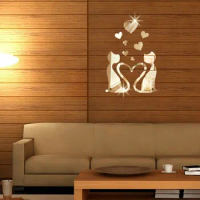 3D Love Hearts Cat Mirror Sticker Acrylic DIY Mirrored Wallpaper Room TV Background Decorative Decals