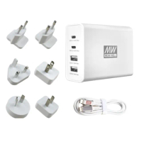 【MEAN WELL 明緯】NGE100 氮化鎵快速充電器 充電頭(多國插座替換 100W 2A2C 四孔 USB)