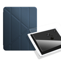 VXTRA氣囊防摔 2022 iPad Pro 12.9吋 第6代 Y折三角立架皮套 內置筆槽(夜空藍)+玻璃貼(合購價)