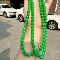 Natural Myanmar a Goods Ice Seed Full Sun Green round Jade Small Rice Necklace Buddha Beads Chain for Men and W