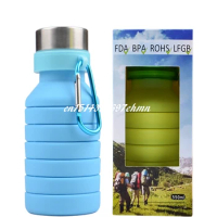 50pcs/lot 550ML Silicone Water Bottle Retractable Folding Coffee Bottle Travel Drinking Collapsible Sport Kettle with hook