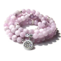 Ruberthen 6 mm A Grade Kunzite 108 Mala Bracelet Womens Lotus Charm Yoga Bracelet Gemstones Beads Mala Rosary Necklace