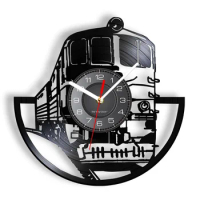 Locomotive Laser Cut Longplay Wall Clock Train Track Moving Train Gramophone Record Wall Clock Vinyl Art-Wall Decor for Stations