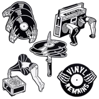 Music Enamel Pins Black White CD Player Long Play Phonograph Recorder Brooch Lapel Badges Punk Jewelry Gift for Kids Friends