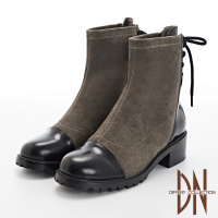 【DN】短靴_牛皮拼接異材質粗跟後綁帶造型短靴(卡其)