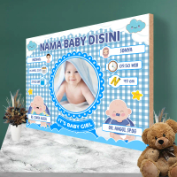Custom Biodata Bayi Kayu MDF Ukuran 30x40 cm Desain Unik Klasik Modern Motif Baby Blue