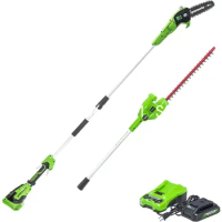 Greenworks 40V 8" Cordless Polesaw + 20" Pole Hedge Trimmer Combo (Great For Pruning Trimming Branches / Shrubs), 4.0Ah Battery