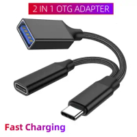 2 IN 1 USB C OTG Cable Adapter Type C To USB 2.0 PD 10W Fast Charger Port With USB Female Splitter Adapter For Phone Tablet