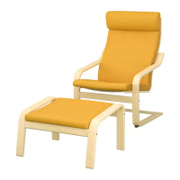 POÄNG 扶手椅及腳凳, 實木貼皮, 樺木/skiftebo 黃色