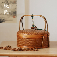 竹編大漆提籃食盒茶餅收納盒茶具儲物盒帶蓋桌面中式仿古竹製單層
