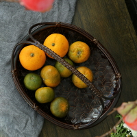 竹編果籃竹籃子 水果盤手工竹制品 家用創意 龜背紋中式復古