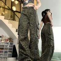 GUUZYUVIZ Retro Cool Girls Denim Cargo Leopard Pants Women Y2k Streetweat Casual Loose Vintage Side Big Pocket Baggy Jeans 2024
