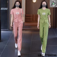 【歡樂購】國風運動服套裝女夏季新款洋氣顯瘦刺繡T恤闊腿褲休閒兩件套休閒服裝流行女裝女性衣服~BA16447