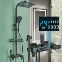 Black Bathroom Thermostat Shower Set System Faucet 4 Way Tap Digital Display Rainfall Piano Mixer