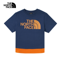 【The North Face 官方旗艦】北面UE女款藍橘拼接大尺寸品牌LOGO短袖T恤｜886H8K2
