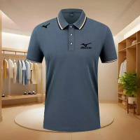 【04】T-Shirt Kolar POLO Mizuno Text Kiri Kanan Baju-T Kolar Dewasa Hitam / Baju-T Polo Lelaki Wangki