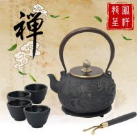 日本 TOKYO 名家 南部鐵器 純手工無塗層生鐵養生鑄鐵泡茶茶壺套裝組1.5L_龍鳳呈祥