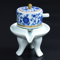 青花24k堆金石磨自動茶壺 家用高端青花霽藍懶人茶器泡茶壺茶器