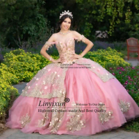 Mexican Pink Quinceanera Dress Ball Gown Shiny Applique Beaded Sequins Corset Sweet 16 Dress Off Shoulder Vestidos De 15 Años