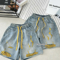 Quần ngố bò cạp chun phối rách chỉ vàng dây rút vàng mặc dc 2 kiểu chuẩn QC