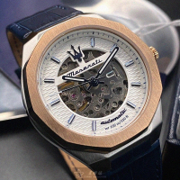 【MASERATI 瑪莎拉蒂】瑪莎拉蒂男女通用錶型號R8821142001(白色機械鏤空錶面金色錶殼寶藍真皮皮革錶帶款)