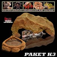 PAKET HC K3 PERLENGAKPAN REPTILE MINI HIDING CAVE + WATERDISH SEPAKET GOA RUMAH TEMPAT SEMBUNYI + TE