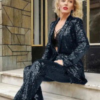 Tesco Elegant Women Sequined Blazer + Straight Pants Two-piece Sparkling Fashion Lady Jacket Birthday Party Suit ropa de mujer