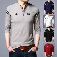 Men's Fashion Long sleeved POLO Shirt Casual Cotton Breathable Top Stand up Collar Korean Comfortable T-shirt Top