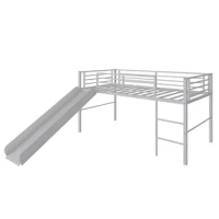 Costway Twin Metal Loft Bed with Slide Guardrails Built-in Ladder Low Bed Frame Silver