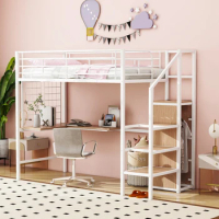White Twin Size Metal Loft Bed with Desk and Metal Grid, Stylish Metal Frame Bed with Lateral Storage Ladder and Wardrobe
