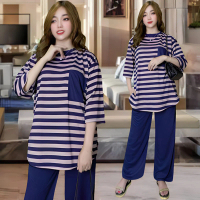 AUFAA ONESET ATASAN OVAL KANTONG DADA LD 120 VISTATERRY MOTIF SALUR celana karet wanita  setelan  ba